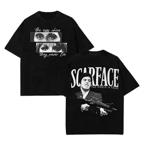 Vintage Scarface Graphic Washed Tee For Men - Premium Cotton Blend Material Stylish Black Short Sleeve Crew Neck Summer T-Shirt with Iconic Portrait Design Comfortable Casual Wear Mother's Day Valentine's Day Birthday Christmas Gift