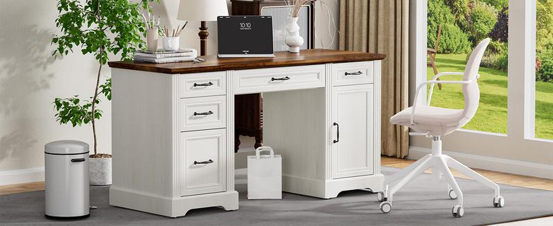 Spurgehom 58 Inch Executive Desk, Farmhouse Style Computer Desk with Drawers & Storage Cabinet, Wooden Home Office Desk Workstation, Study Writing Table for Home Office