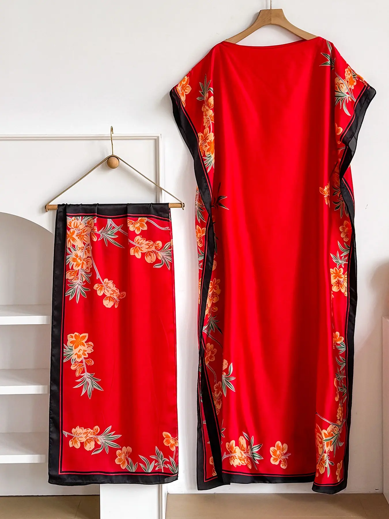 Elegant Boho Chic Floral Print Cape Dress Set, Long Sundress + Headscarf Scarf, Sun Protection Beachwear for Women, All-Season Fitted Style