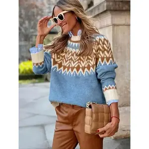 Women's Colorblock Geometric Print Raglan Sleeve Sweater, Casual Long Sleeve Round Neck Jumper for Fall & Winter, Fashion Ladies' Knitwear for Daily WearGiftGift