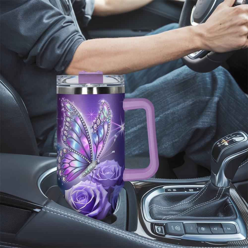 White 40oz Stainless Steel Butterfly & Rose Pattern Tumbler - Vacuum Insulated Drinkware with Lid, Grip Handle, Single Unit Vacuum Flask, Gift for Birthdays or Special Moments for Family, White（With Grip Handle And Lid）