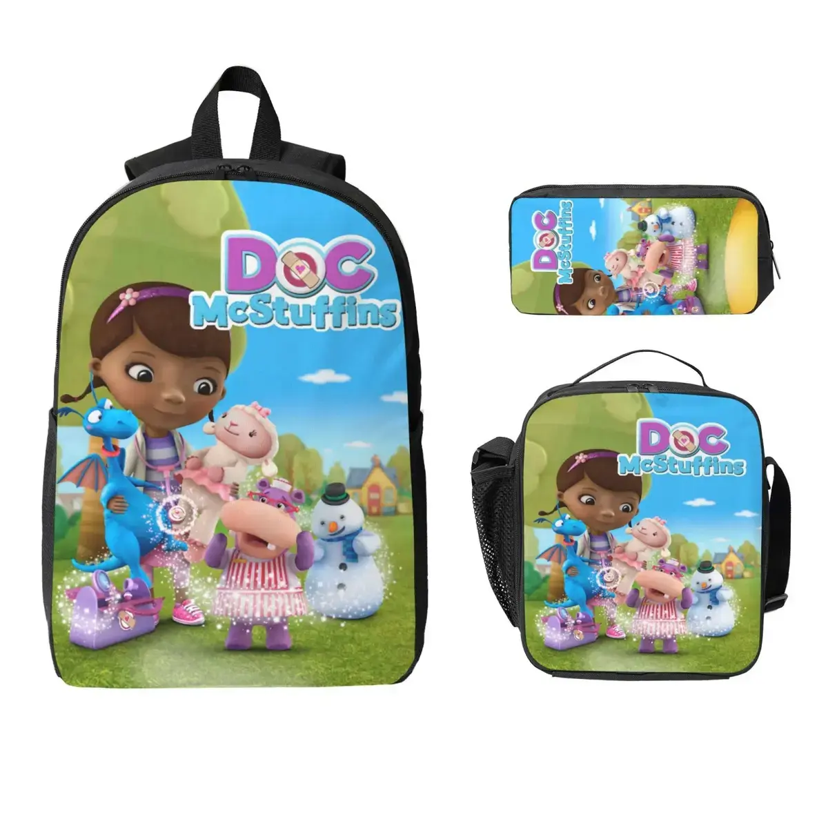 3 Piece High Capacity Bookbag Doc Cartoon McStuffins Backpack Set Travel Knapsack with Lunch Box Pencil Case