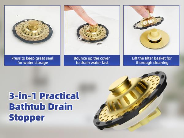 Universal Bathtub Drain Stopper Shower Drain Hair Catcher, Tub Stopper with Visible Top Strainer, Upgraded 3 in 1 Pop-up Drain Plug Fit for 1.5 to 2.4" Hole, Stainless Filter Basket, Brushed Gold