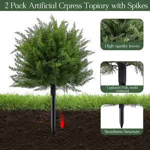 Artificial Topiary Bushes for Outdoors with Spike, Boxwood Ball Fake Shrubs UV Resistant Faux Plants for Indoor Outdoor Fall Thanksgiving Halloween Decor (Cedar Topiary Ball Trees)