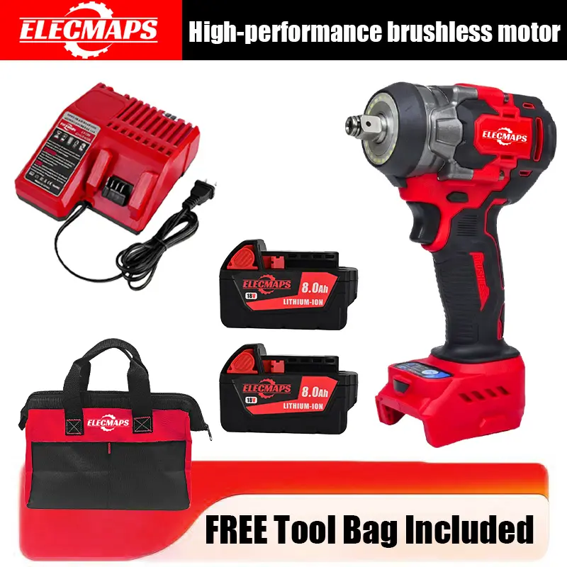 3-in-1 Cordless Brushless Impact Wrench — 450 N High-Power Tool, Ideal for Automotive Repair (Accessories Included) | DIY & Construction | Red & Black Design