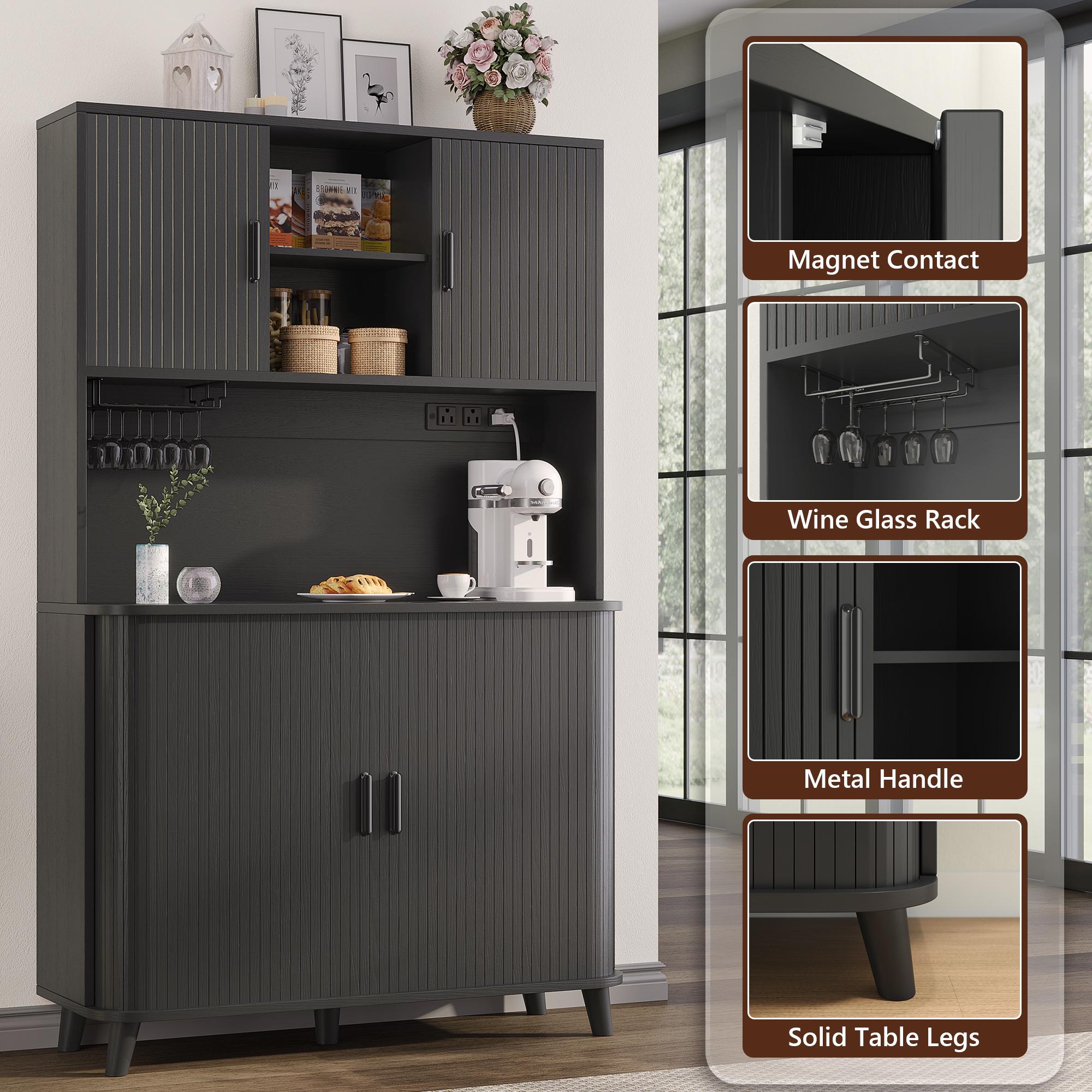 Aowos 71” Pantry Cabinet with Charging Station, Kitchen Storage Cabinet with 2 Sliding Tambour Doors, Hutch Bar Cabinet with Built-in Wine Rack and Adjustable Shelves, Freestanding Buffet Sideboard for Kitchen, Coffee Bar Station, Walnut, Black, Natural