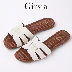 Girsia women's casual flat sandals, featuring a comfortable and lightweight sole, round toe with openwork design, and stylish, lightweight slip-on sandals for spring and summer. Walking Shoes Leather