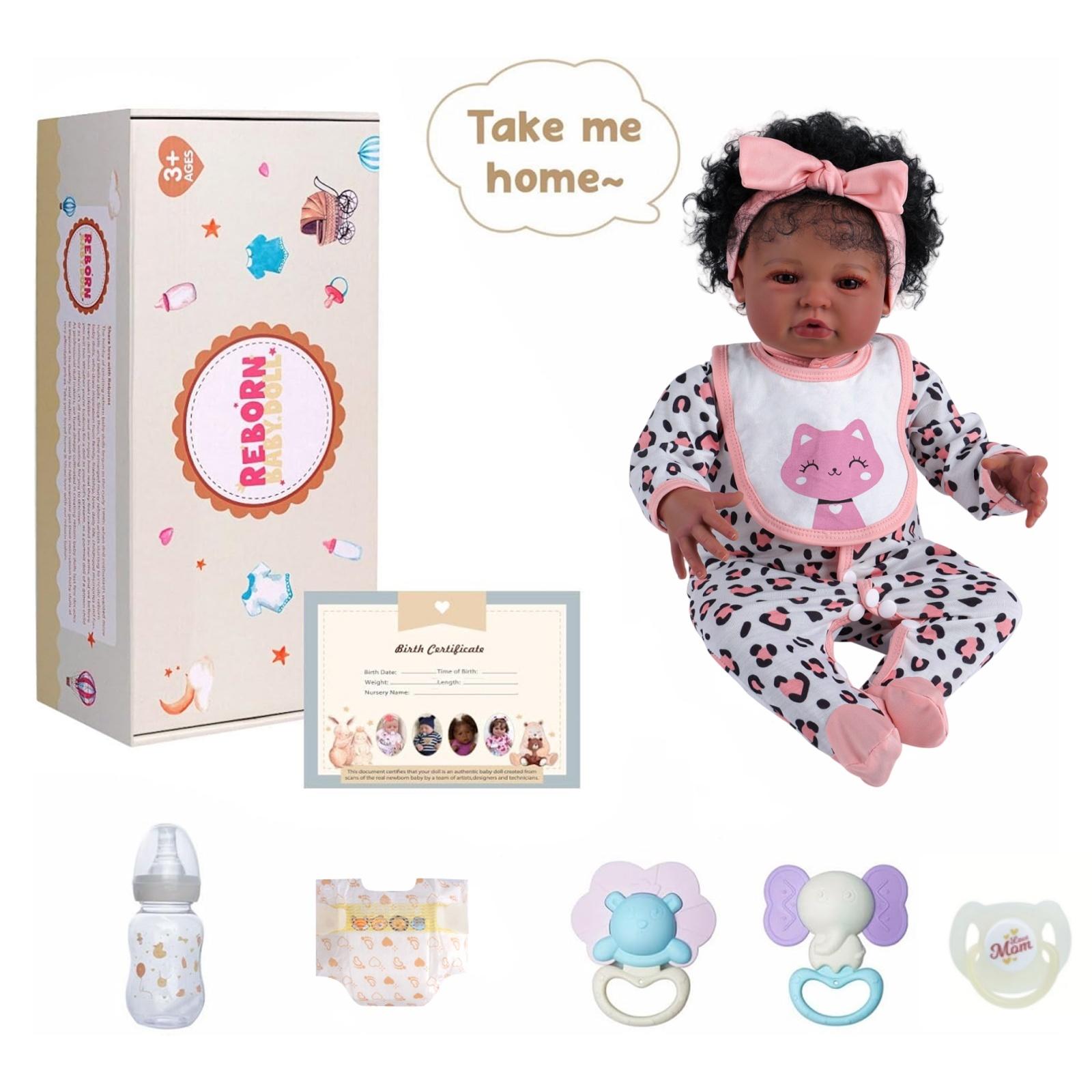 BABESIDE 20" Reborn Doll 8 Piece Set with Cloth Body & Vinyl Dark Skin Includes Gift Box Feeding Accessories Perfect for Christmas New Year Birthday Gift