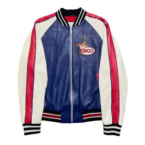 Gucci Embroidered Bird Patch Leather Varisty Jacket Red Blue White