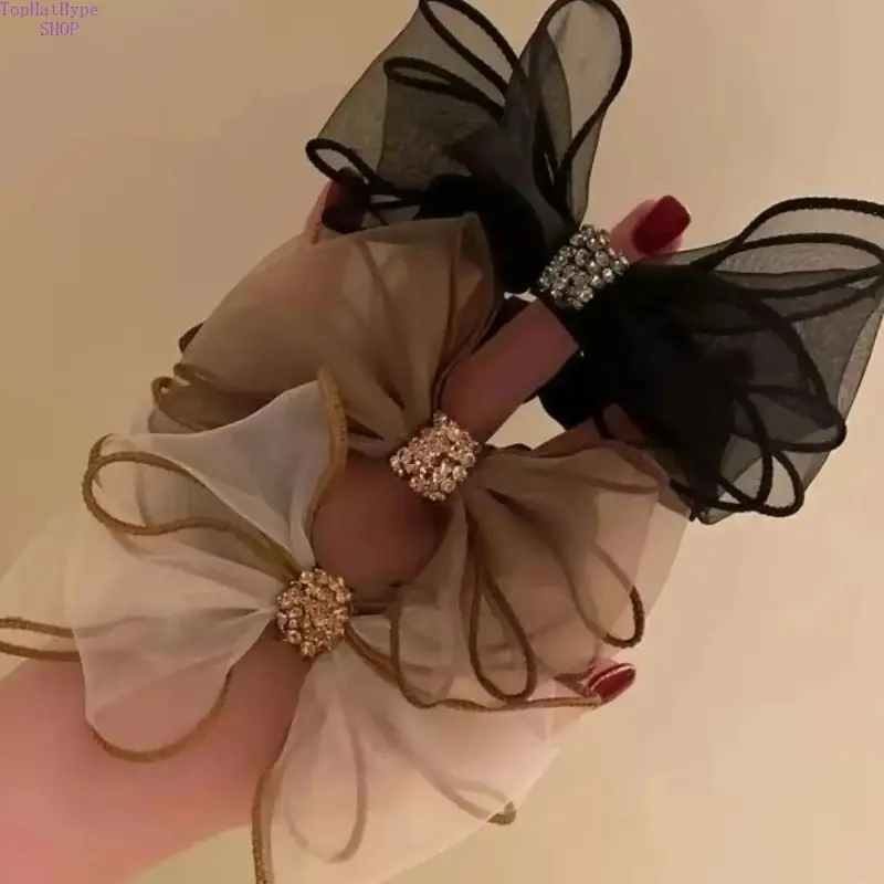 3Pcs Minimalist Bow Scrunchies Set, Sparkly Rhinestone Mesh Hair Ties, Medium Stretch Elastic Hair Bands, Elegant Temperament Hair Accessories for Women & Girls, Trendy Decor for Daily, Party & Casual Outfits