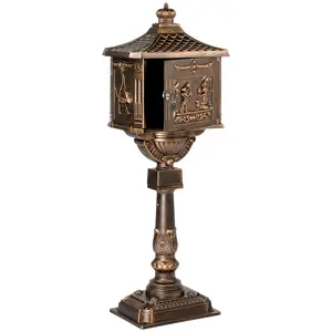 Cast Aluminum Mailbox with Post, Heavy Duty Postal Box with 2 Keys, Baffle Door, Expansion Bolts, Address Panel, In-Ground Large Security Mailbox for Outside, Antique Bronze