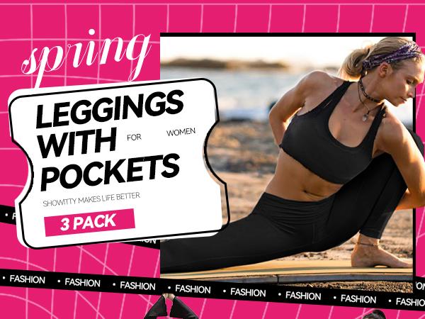 SHOWITTY Women's High Waisted Tummy Control 3 Pack Leggings with Pockets – Not See-through Stretchy Yoga Pants for Daily Wear