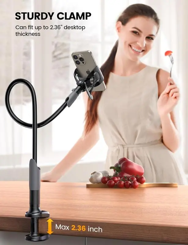 Phone Stand For Desk, Cell Phone Clip Bed Holder,Lazy Long Arm Bed Desk Bracket For Cell Phones and Tablets Wide 4.5~7in Device 360 Adjustable Gooseneck Tablet Holder (Black) Smartphone Cellphone  phone mount