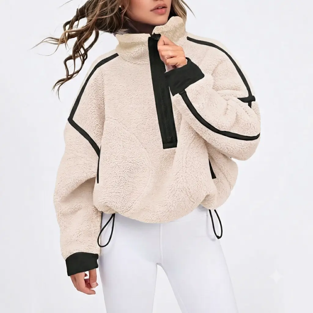 Bienmorn Women's Oversized Half-Zip Teddy Sherpa Pullover Sweatshirt - Cute, Fit, Casual, Fuzzy Soft Cozy Winter Warm Coat with Contrast Trim, Pockets for Athleisure Travel