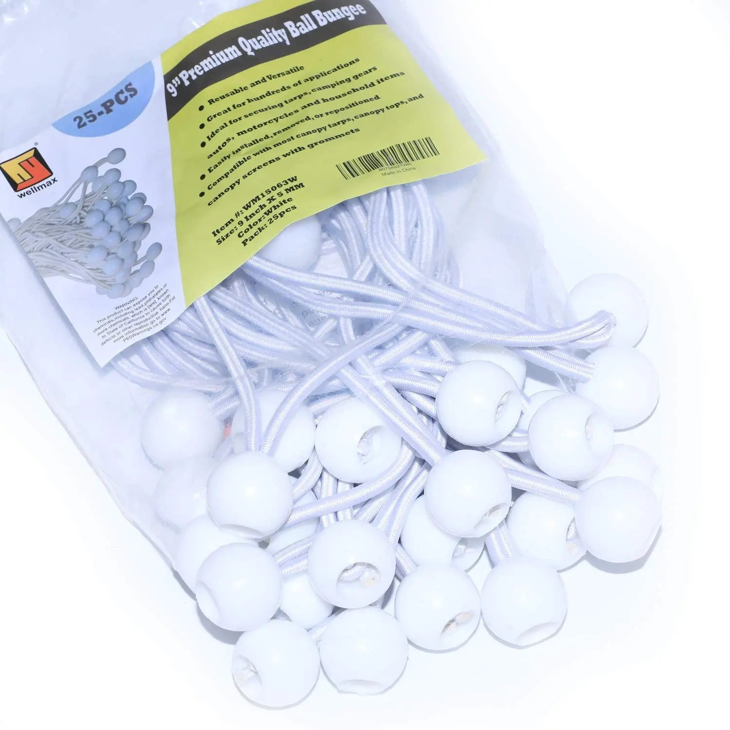 Wellmax Heavy Duty Elastic Bungee Ropes - 5mm Thickness White Durable Tie Downs, 6-in 50-Piece & 9-in 25-Piece for Outdoor Canopies, 100% Satisfaction Guaranteed