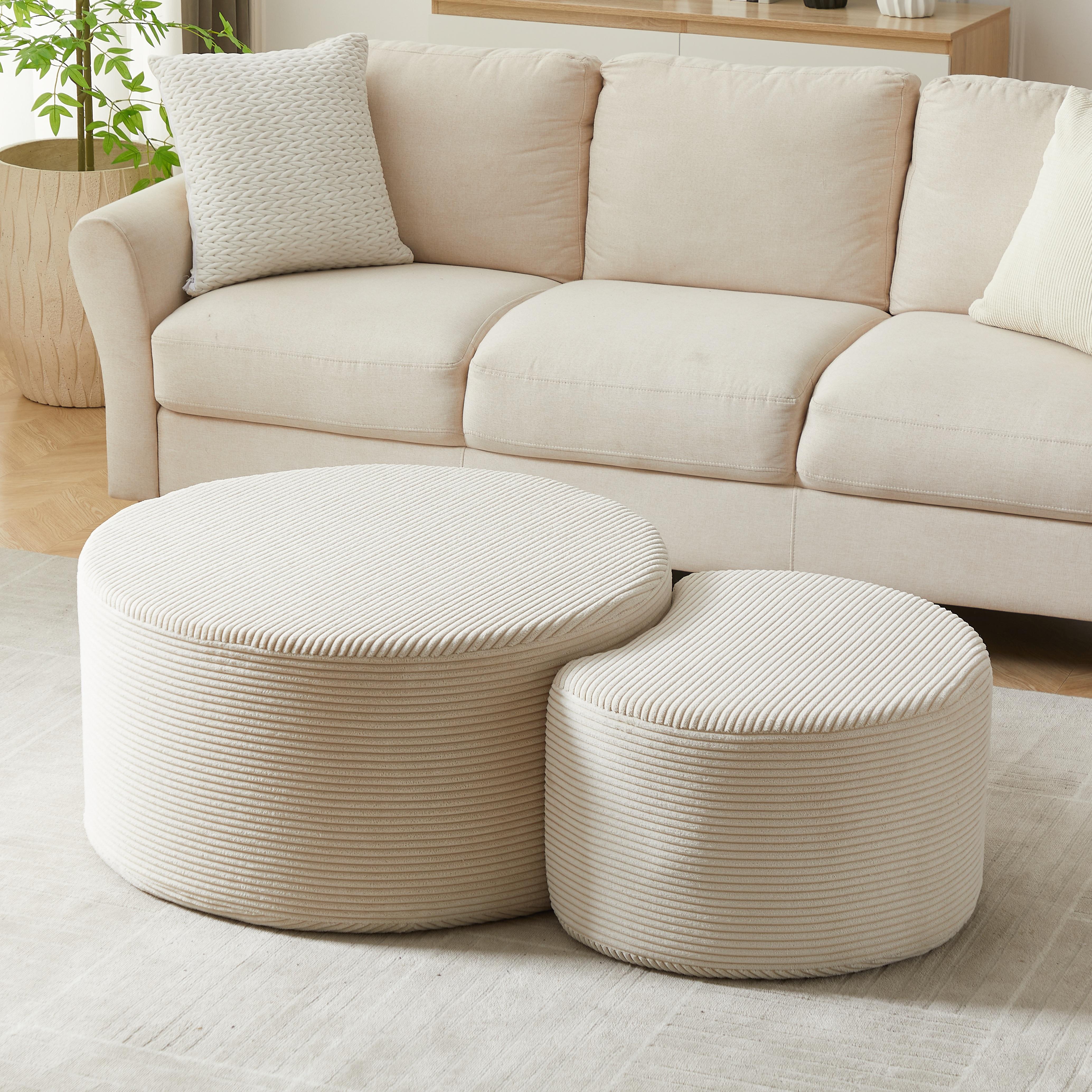 Niccae Modern Round Coffee Table Set - Upholstered Foam Ottoman & Side Table, No Assembly, Multi-Purpose for Living Room Bedroom