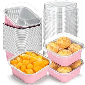 100pcs 5oz Pink Mini Cake Pans with Lids Square Baking Cups Individual Dessert Cups Containers Disposable Cupcake Pan Mini Loaf Containers for Home Wedding Birthday Party Picnics
