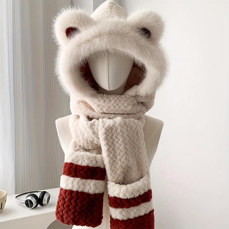 High-value balaclava hat in red and white color scheme, perfect for autumn and winter Christmas, featuring a bear design and color blocking for warmth. A three-piece set including a scarf, hat, and gloves.