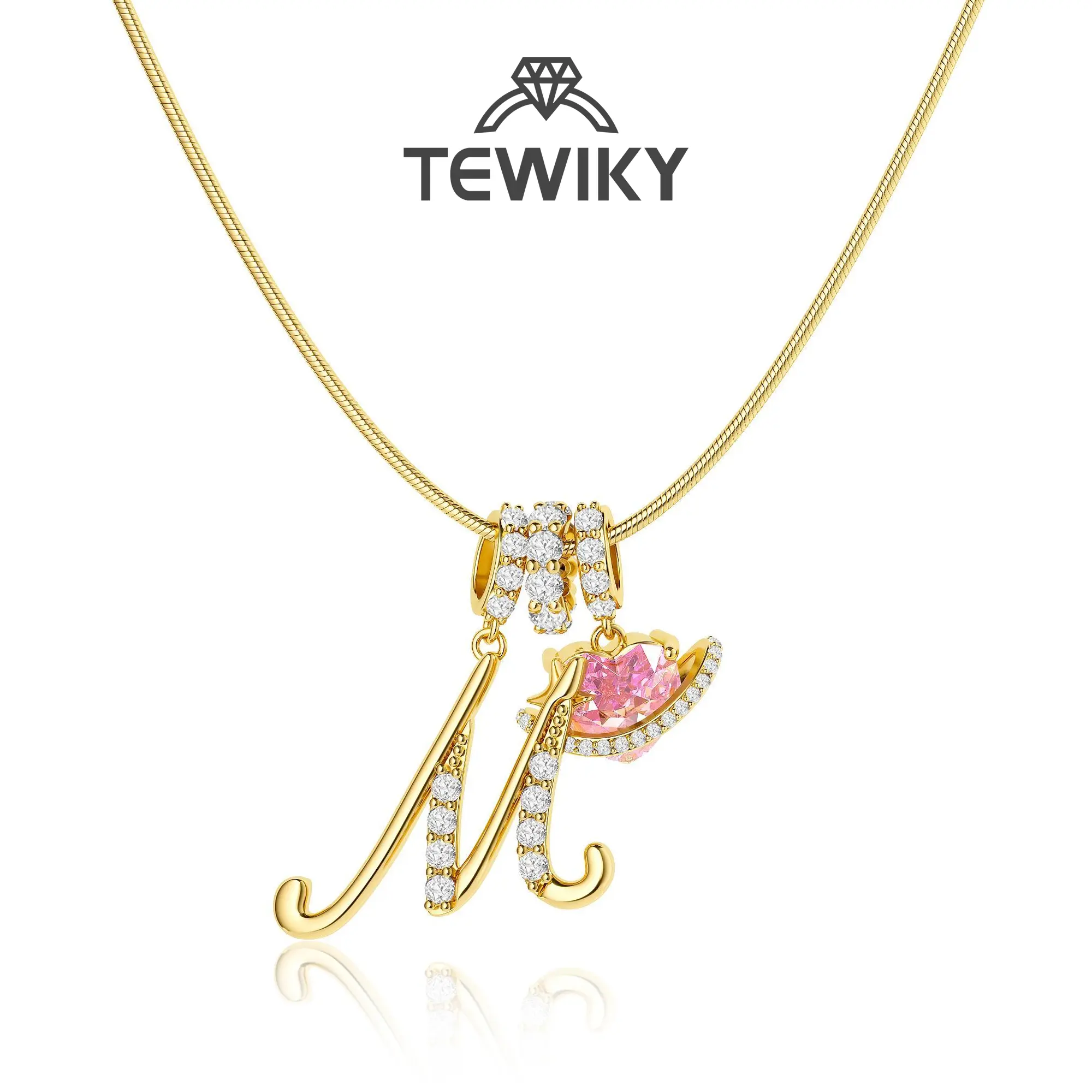 Tewiky Gold 3-Layering Initial A-Z Letter Pendant Necklaces for Women Snake Chain Choker Pink Heart Zircon Adjustable Length Necklace Jewelry For Valentine's Day