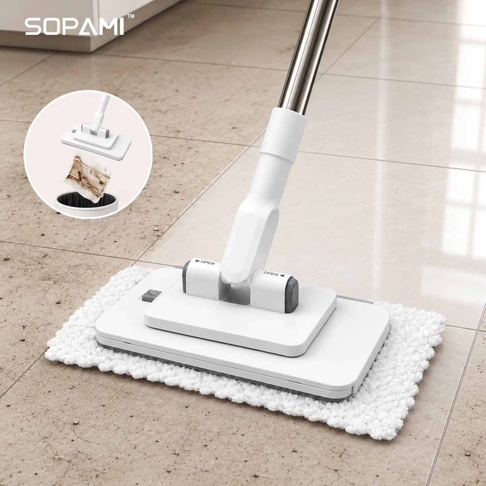 SOPAMI Slim Lightweight Flat Floor Mop - Microfiber Removable Dust Removal Mop with Cloth Clamp, 1-Touch Press Wet and Dry, 360° Swivel Head for Hardwood, Tile, Laminate Home Cleaning