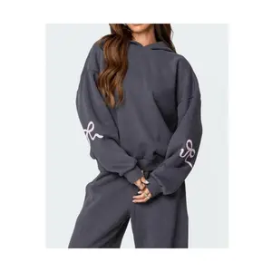 Bonney Bow Detail Hoodie.... Casual Clothes Matching Soft Womenswear Cute Embroidery Grey Loungewear Pink Suits Long Sleeve Fit Fabric Basic Minimalist