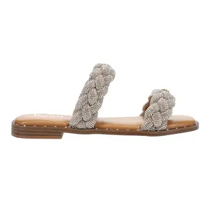 Corkys Womens Don't Get It Twisted Braided Rhinestone Slide Flat Casual Sandals Casual - Silver