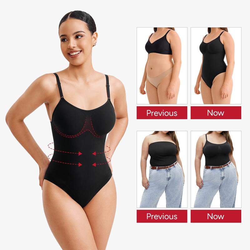 Nebility (Fabric Upgrade) Women's Shapewear Bodysuit - V-Neck Spaghetti Strap, Tummy Control & Hip Lift, Shockproof Basic Bodysuit Womenswear  Minimalist Vneck