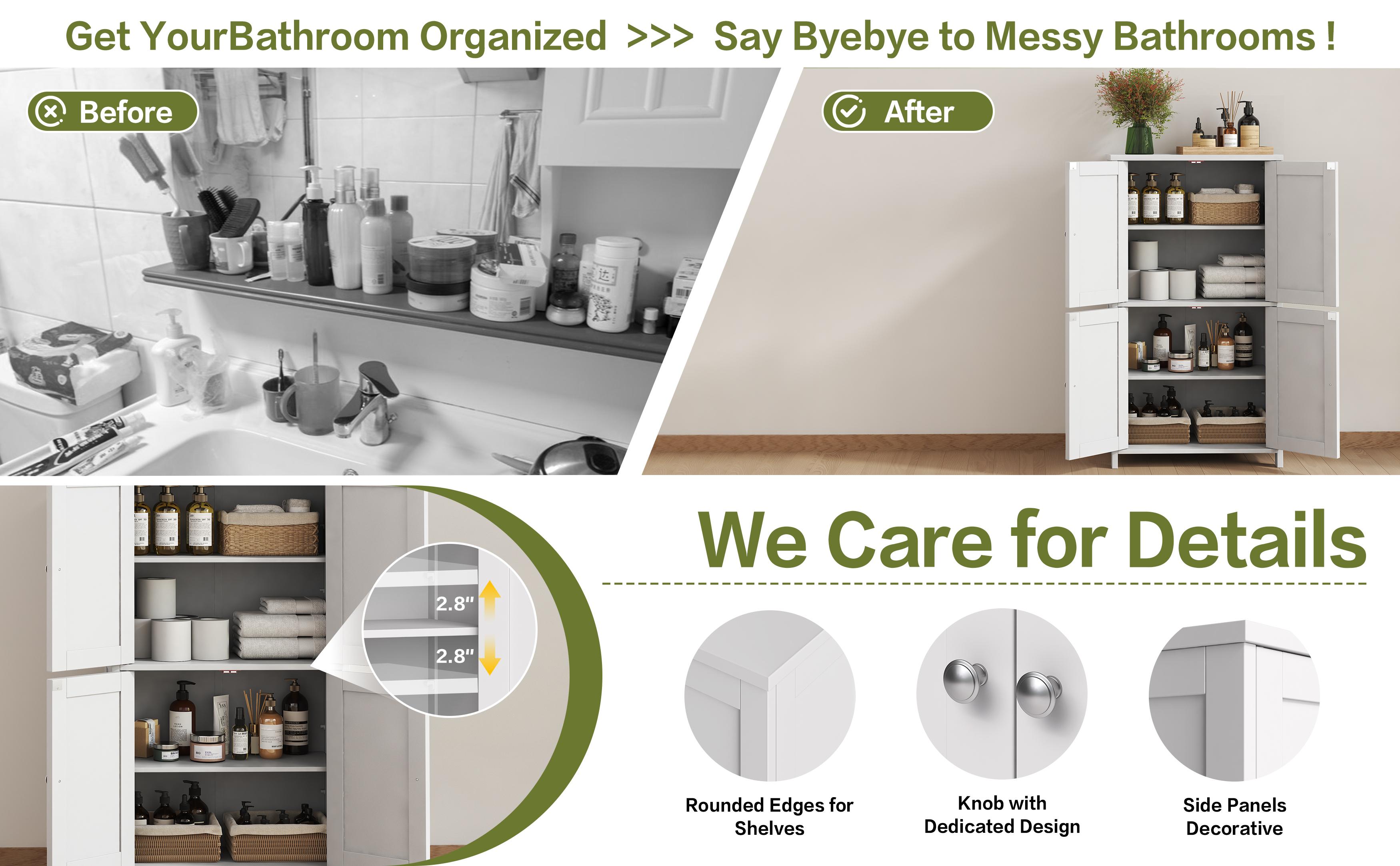 Walsunny Bathroom Floor Storage Cabinet White Freestanding Unit with 4 Doors 11.8x23.6x43.3 Inches Organizer for Books & Decor