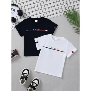 2-Pack Boys Short Sleeve T-Shirts, "PARIS" Letter Print with Gradient Stripe Crew Neck Summer Tees for Toddler Kids 42510088