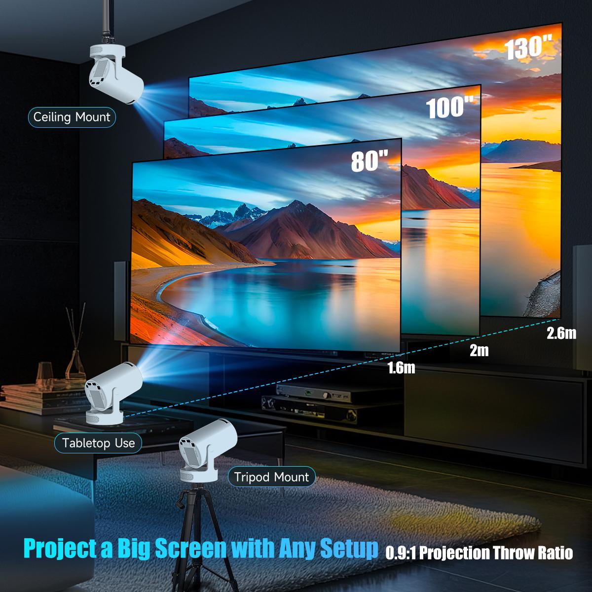HY300Pro+ Portable Projector 290ANSI 8K/4K/1080P Decode Allwinner H726 2.5&5.8G Dual WiFi6 Smart Android 14 BT5.4 Native 1280*720P Built-in Speaker Auto Keystone Correction Home Cinema Movie