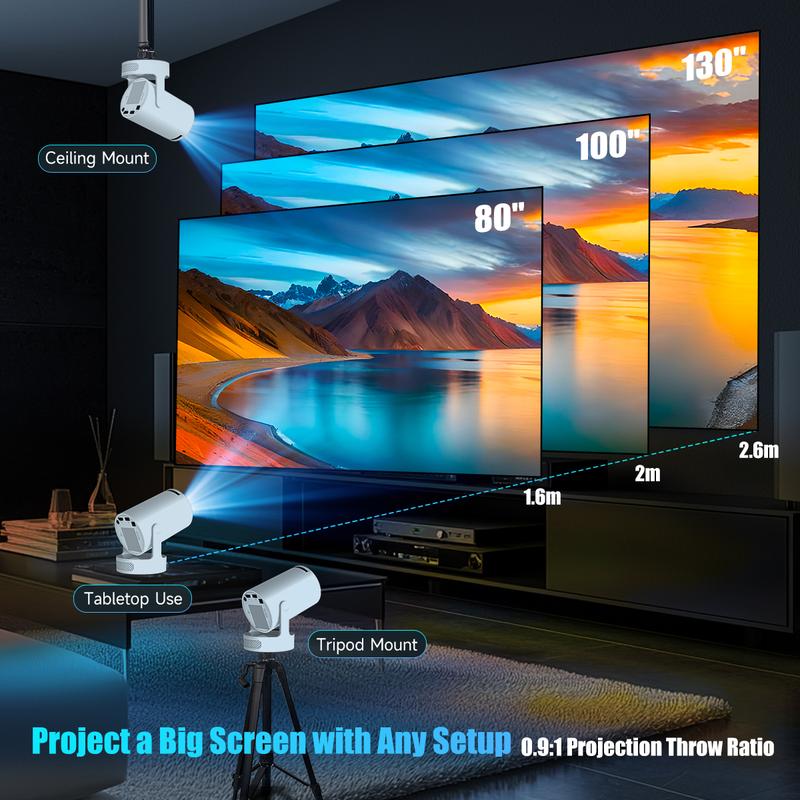 HY300Pro+ Portable Projector 290ANSI 8K/4K/1080P Decode Allwinner H726 2.5&5.8G Dual WiFi6 Smart Android 14 BT5.4 Native 1280*720P Built-in Speaker Auto Keystone Correction Home Cinema Movie