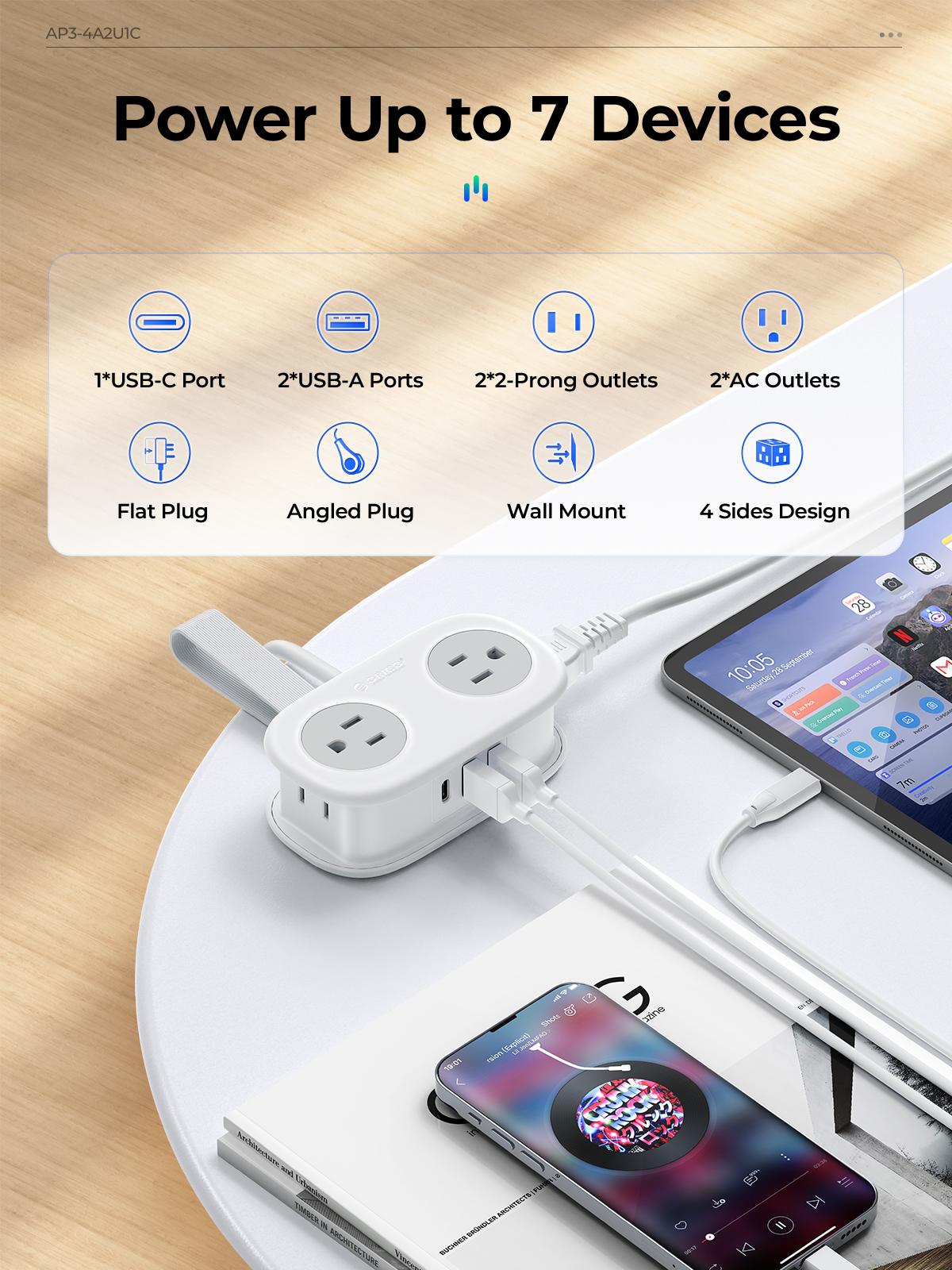 Travel Power Strip, ORICO 4 Outlets 3 USB Ports (1 USB C) with 4FT Wrapped Short Extension Cord Small Power Strip, 20W Fast Charging ，Compact for Hotel Travel Essentials Cruise Approved-AP3 Series