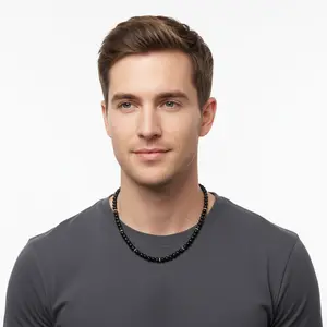 Mens Black Onyx and Gold Hematite Rondelle Beaded Necklace