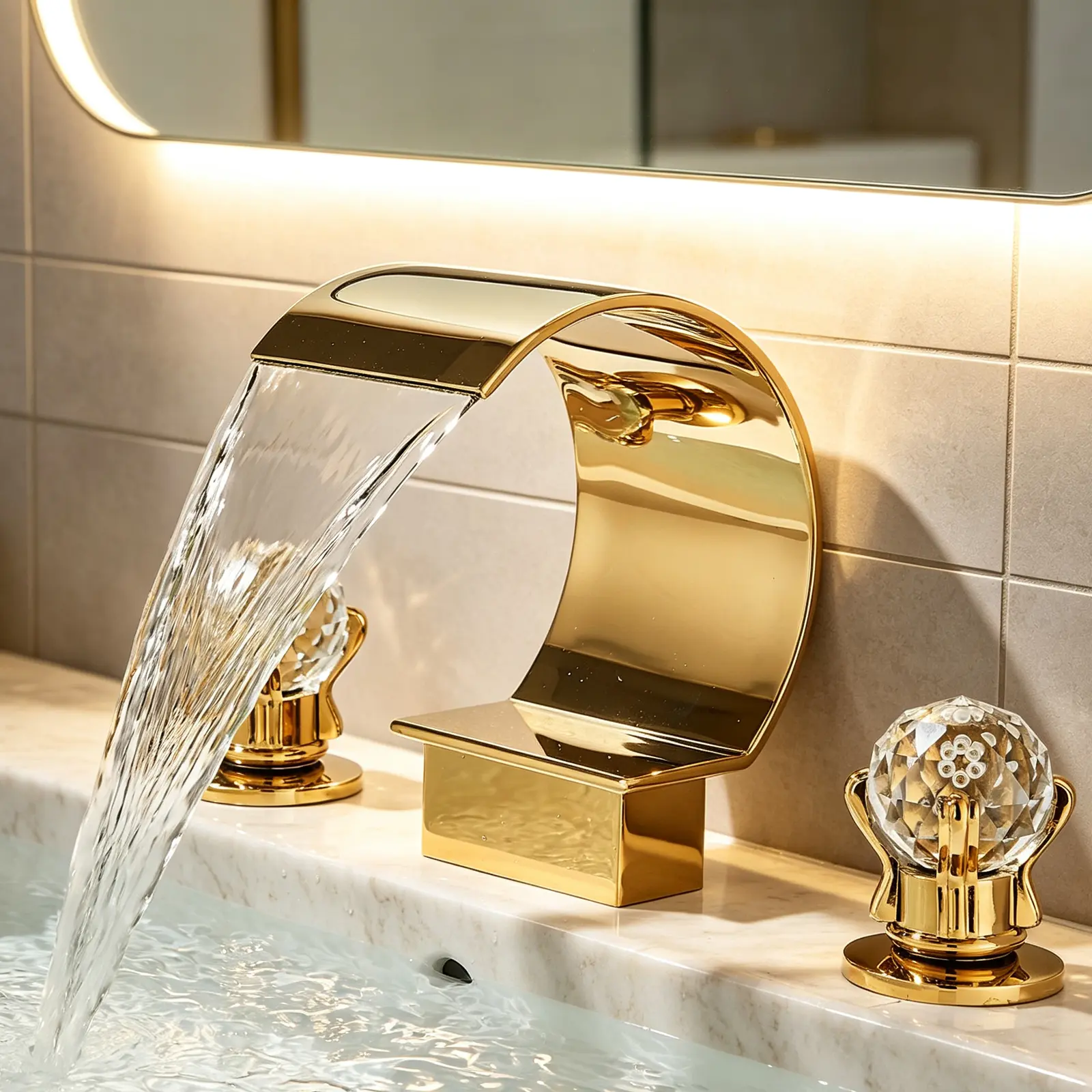 Polished Gold Widespread Waterfall Bathroom Sink Faucet, 3 Hole 8 Inch Deck Mount Basin Mixer Tap with Crystal Double Handles, Modern Waterfall Spout Vanity Faucet for Bathroom Lavatory