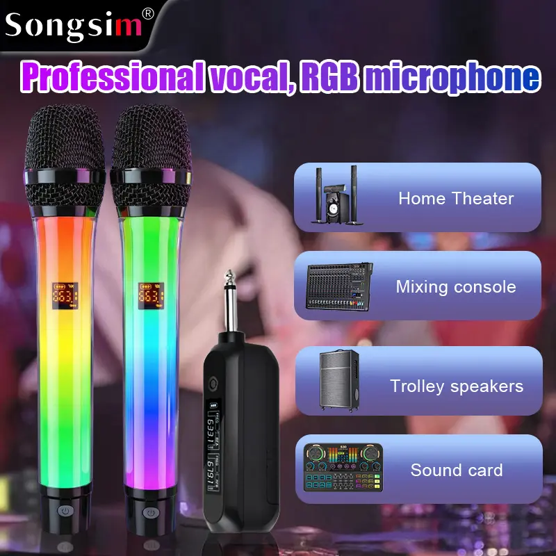 Songsim WX82 Dual-Channel Portable Wireless Microphones - Built-in Dynamic RGB Lighting, Universal Compatibility, 1-Click Easy Plug-and-Play Setup for Couple Duets, Home Karaoke