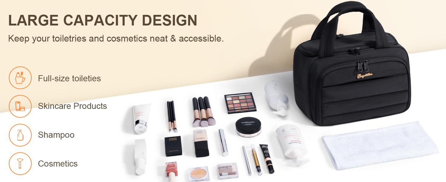 Bagstellar Wide-open Travel Bag, Lightweight Puffy Toiletry Bag for Women, Quilted Makeup Bag Organizer Water-resistant Cosmetic Bag with Handle for Toiletries, Essentials, Accessories