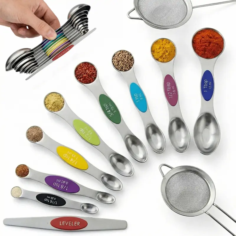 Magnetic Measuring Spoons Set Stainless Steel, Dual Sided for Liquid Dry Food, Measuring Cups Spoons Set Fits in Spice Jar, Kitchen Gadgets, Cooking Utensils Set, Including Leveler, 9Color