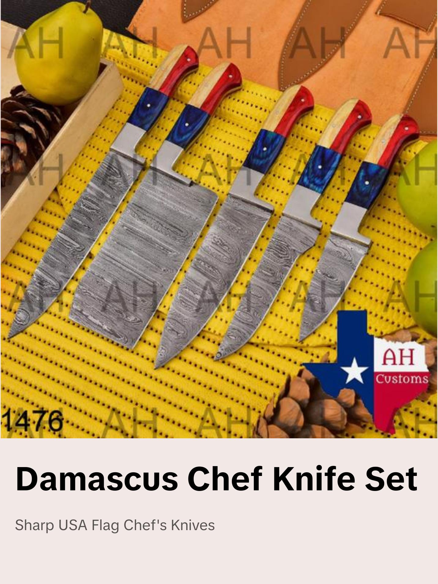 Handmade Damascus Steel Chef's Knife Set in US Flag Colors, Set of 5 Pieces with Meat Cleaver, Bread Knife, and Gift for Him or Her, Sharp Knives, Kitchen Knives. 1476 Chef Knife Knife Block Block Blade