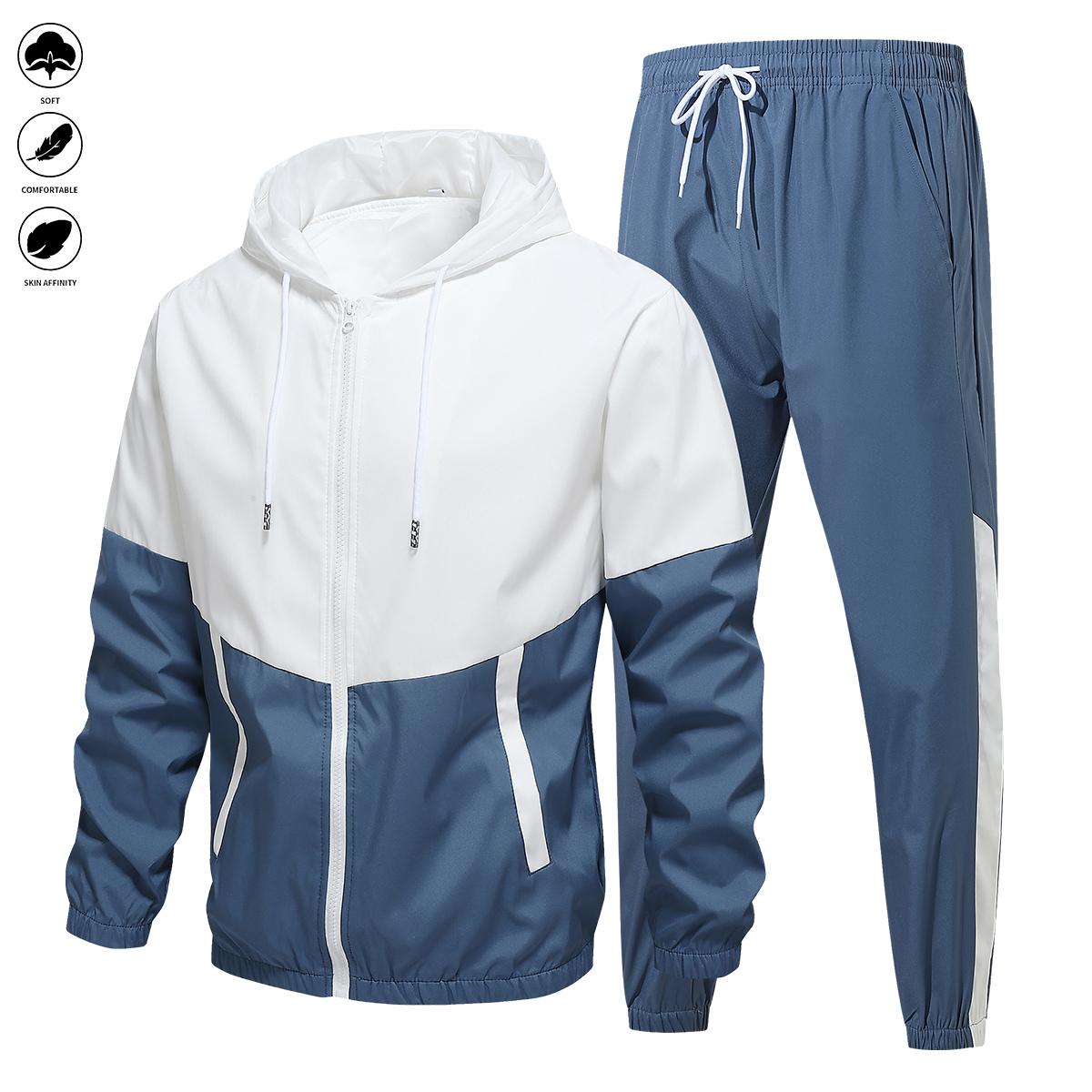 Men's and women's universal fashionable sports set, color-matched patchwork, drawstring, hooded jacket, comfortable and breathable sports pants, suitable for all seasons and great as an outdoor or festival gift.
