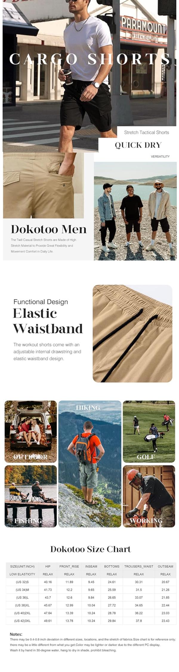 Dokotoo Men Mens Cargo Shorts Casual Waist Elastic Drawstring Outdoor Golf Shorts with 6 Pockets Menswear Plain