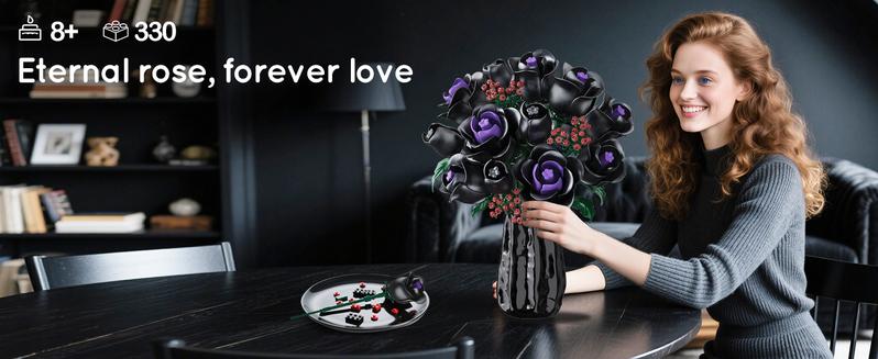 HOGOKIDS Flower Bouquet Building Set 330PCS Black Roses Botanical Plants, Decorative Ornaments, Magnetic Blocks for Home, Christmas, Birthday & Valentine’s Gift for Kids & Adults 8+