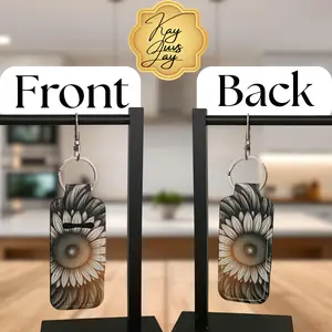 Neutral Sunflower Chapstick Holder Keychain – Double Sided Rustic Floral Design