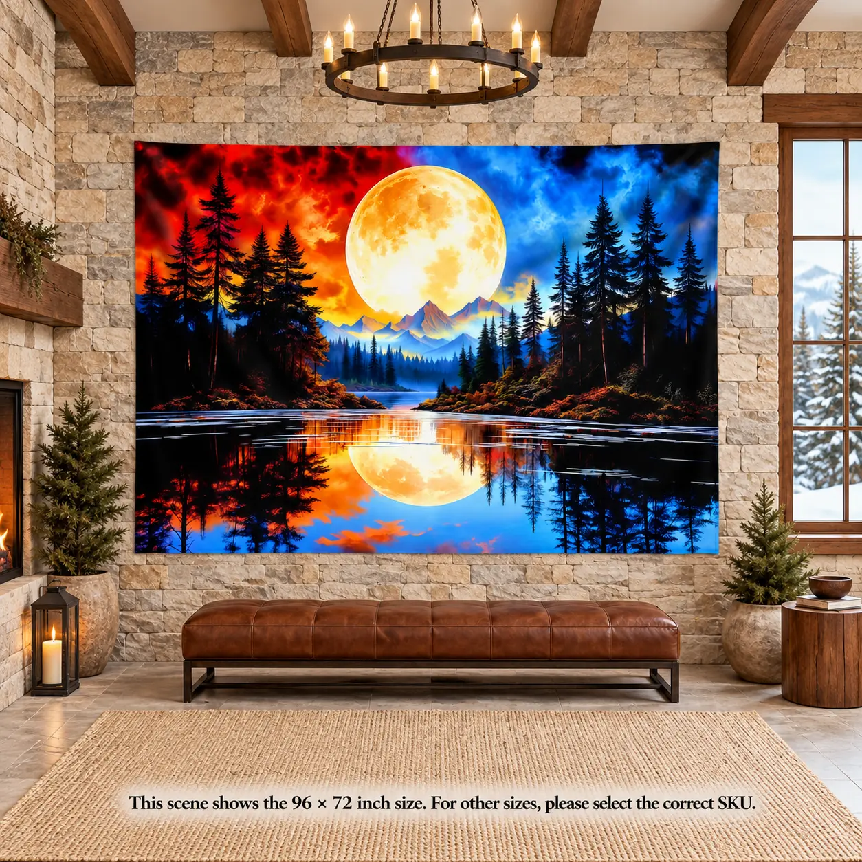 1pc 2D Flat banner, Full Moon Forest Lake Backdrop, Red Blue Night Sky Mountain Pine Tree Reflection Background, Fantasy Nature Landscape Polyester Photography Background for Party Home Decor Photo Booth