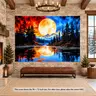 1pc 2D Flat banner, Full Moon Forest Lake Backdrop, Red Blue Night Sky Mountain Pine Tree Reflection Background, Fantasy Nature Landscape Polyester Photography Background for Party Home Decor Photo Booth