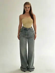 Bensusu High Waisted Vintage Women's Sparkly Rhinestone Straight Jeans Y2K Boot Cut Womenswear Pants