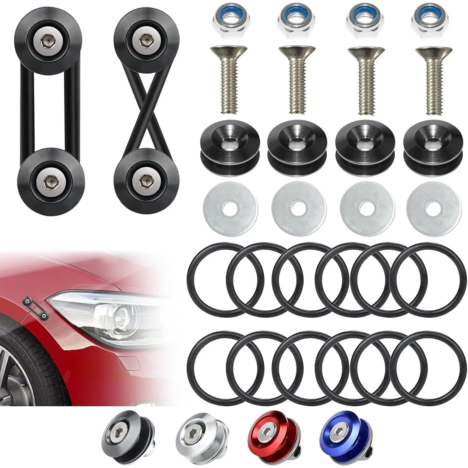 Universal Bumper Clips, Front Rear Bumper Quick Release Kit, Bumper Holders for Cars (4 Black Bumper Quick Release Tabs and 12 Customized O-Rings) Yifanyou Sports
