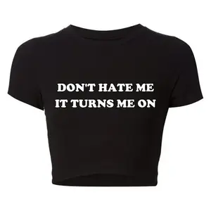 2000s Grunge Graphic Tee Harajuku Don't Hate Me It Turns Me on Cropped Tops Causal Youth Fashion T Shirt Baby TeeAesthetic Vintage Y2k Style Clothes High Street Print Baby Tees Slim Crop Tops Streetwear Goth Short Sleeve Emo Girls Tops emo