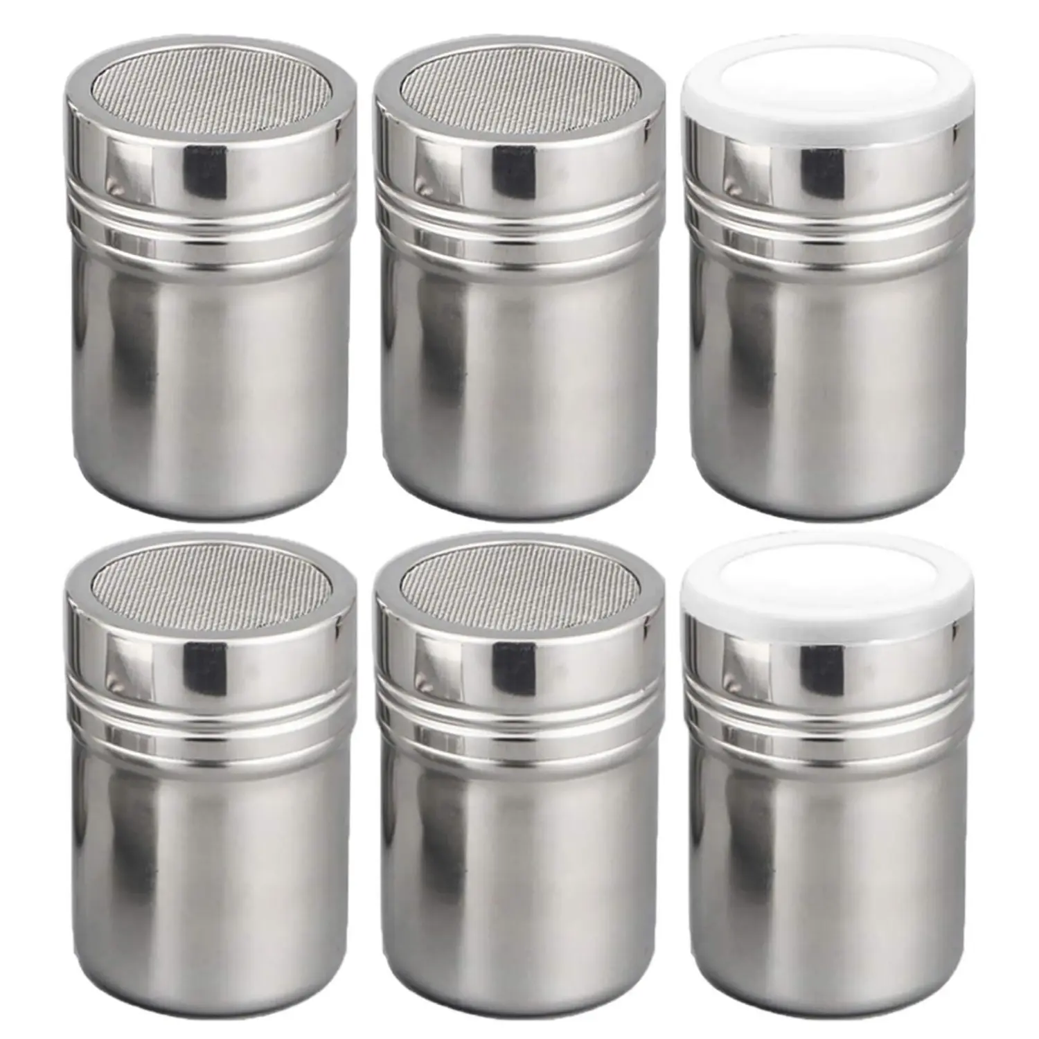 6 Pack Powder Sugar Shaker, Stainless Steel Seasoning Jar Storage Seasoning Bottle Spice Jar Small Spice Container with Translucent Plastic Lid For Cinnamon Sugar Pepper Powder