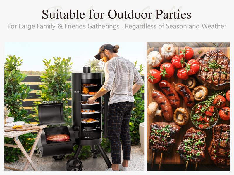 Heavy Duty Smoker, X-Large Charcoal Grill with Offset Smoker, 942 sq.in. Cooking Area, For Outdoor Camping Family & Friends Gathering Barbecue