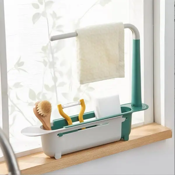 1PCS Retractable Sink Shelf — Adjustable-Length Sink Organizer & Expandable Kitchen Towel Rack Easy-install multifunctional integrated deep single-bowl kitchen sink
